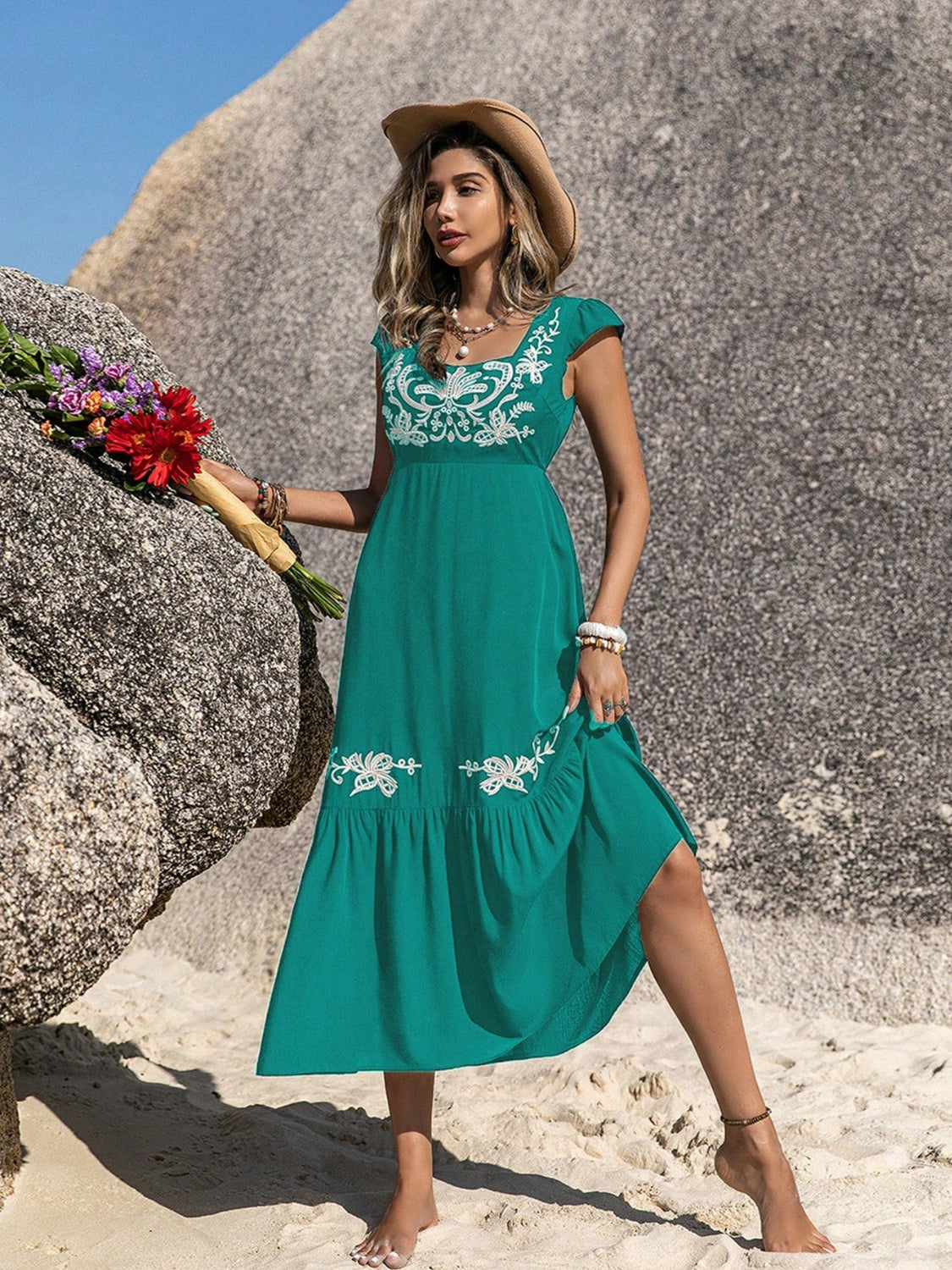 Embroidered Square Neck Cap Sleeve Dress, legs