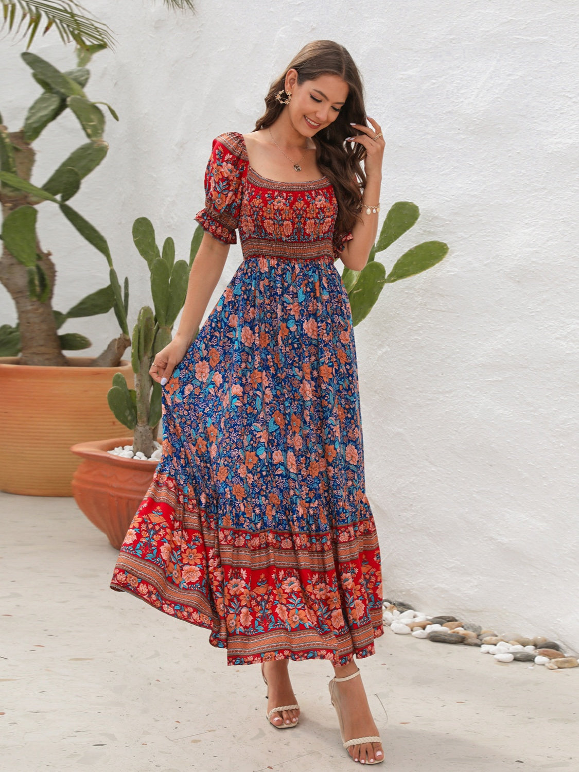 Floral Flounce Sleeve Midi Dress, red front