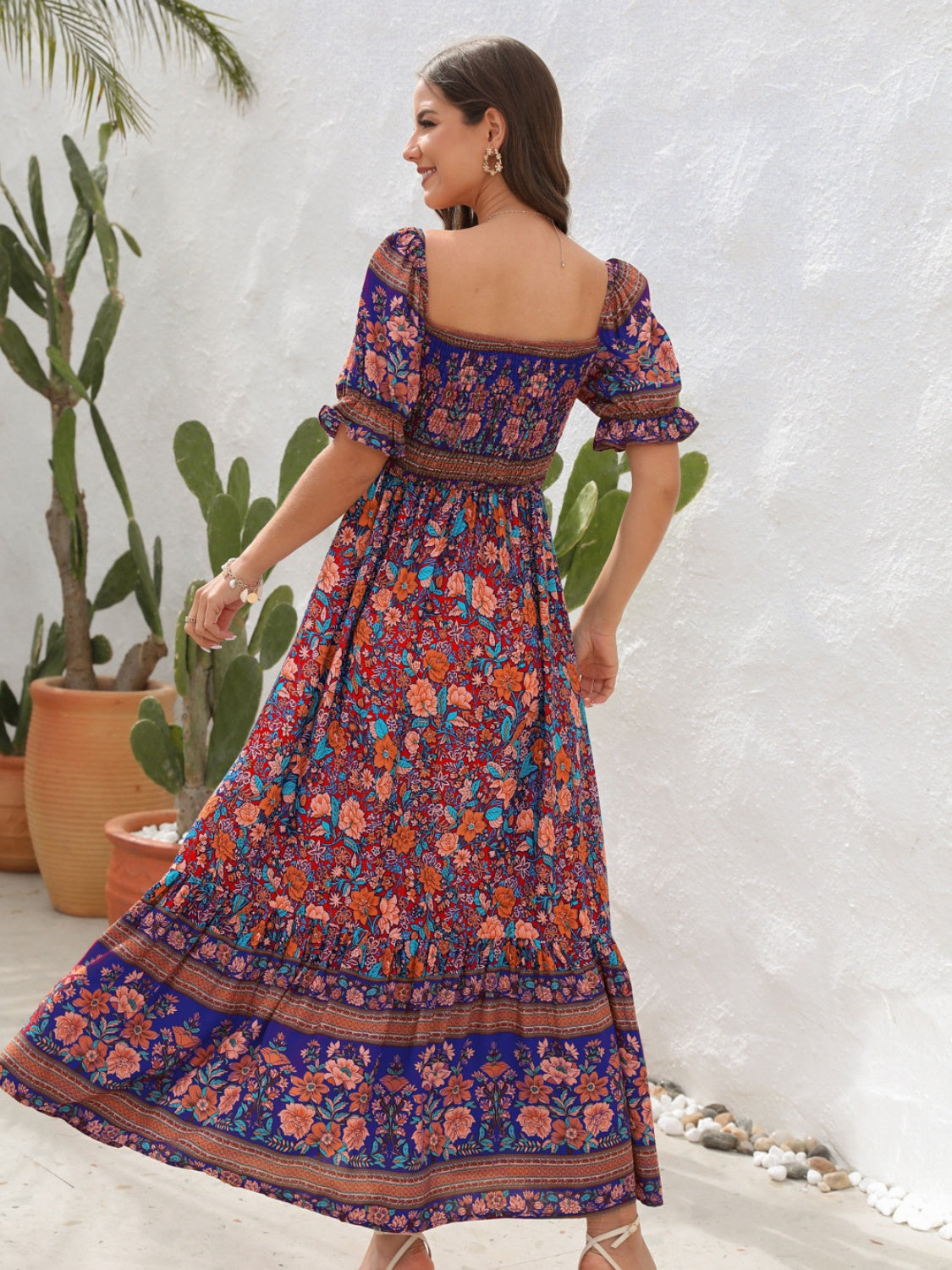 Floral Flounce Sleeve Midi Dress, back