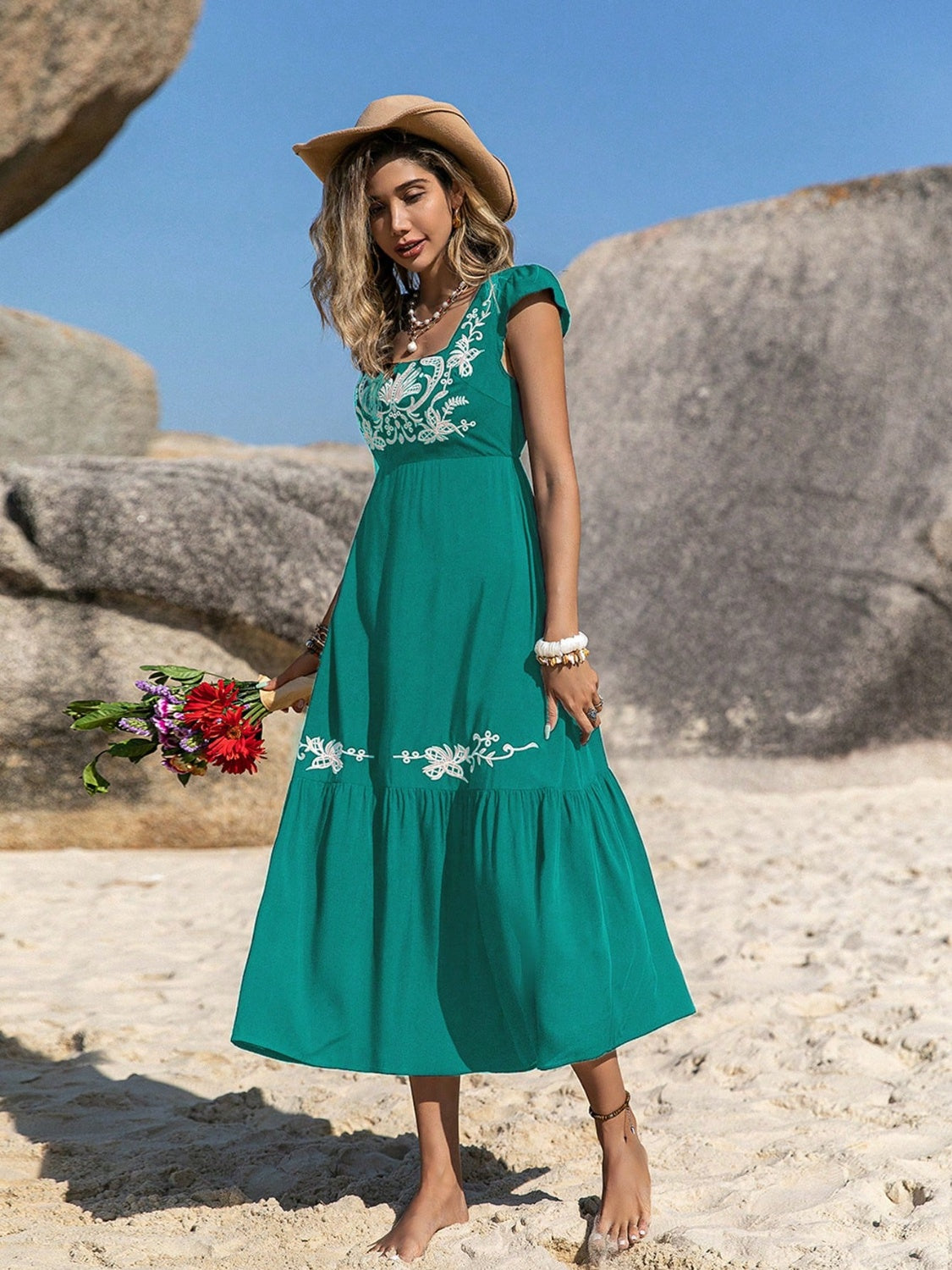 Embroidered Square Neck Cap Sleeve Dress, right