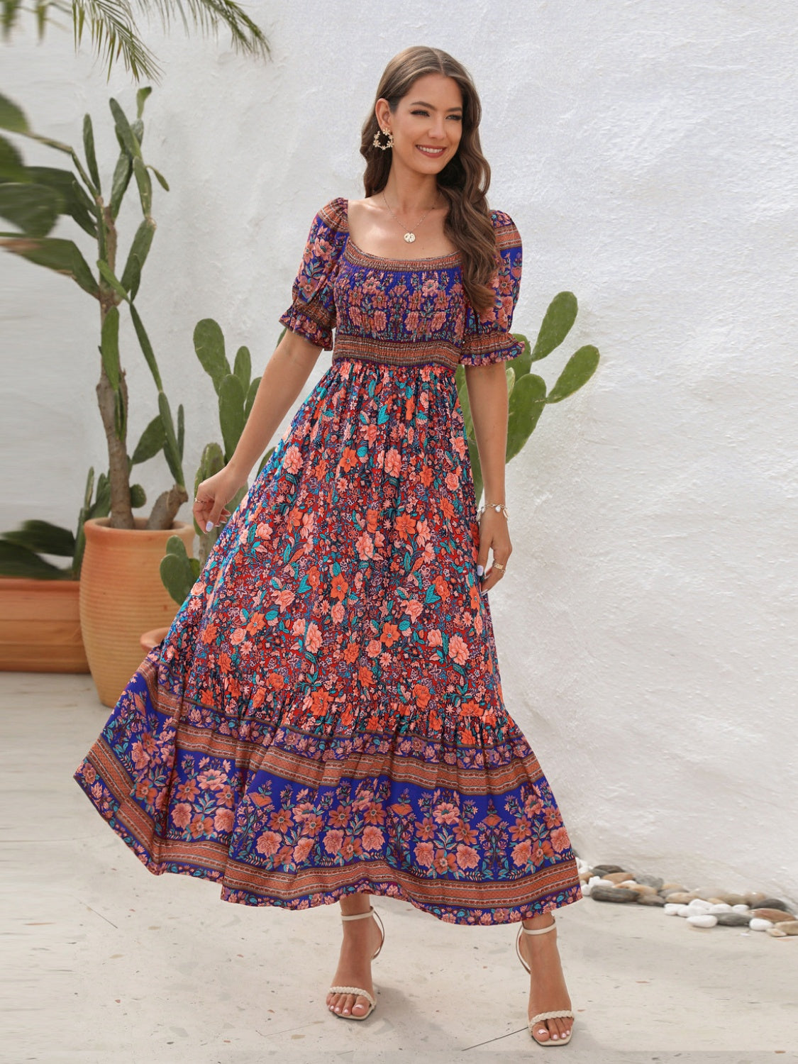 Floral Flounce Sleeve Midi Dress, front