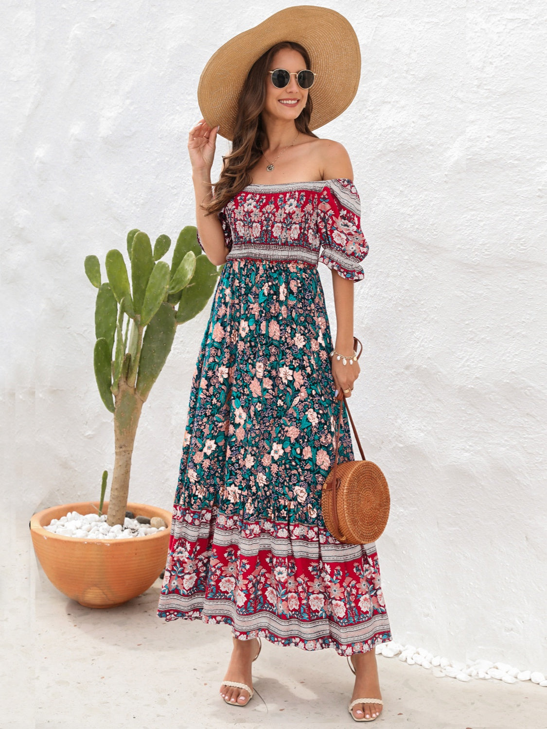 Floral Flounce Sleeve Midi Dress, hat