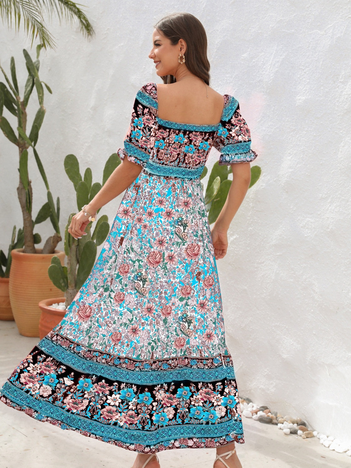 Floral Flounce Sleeve Midi Dress, blue back