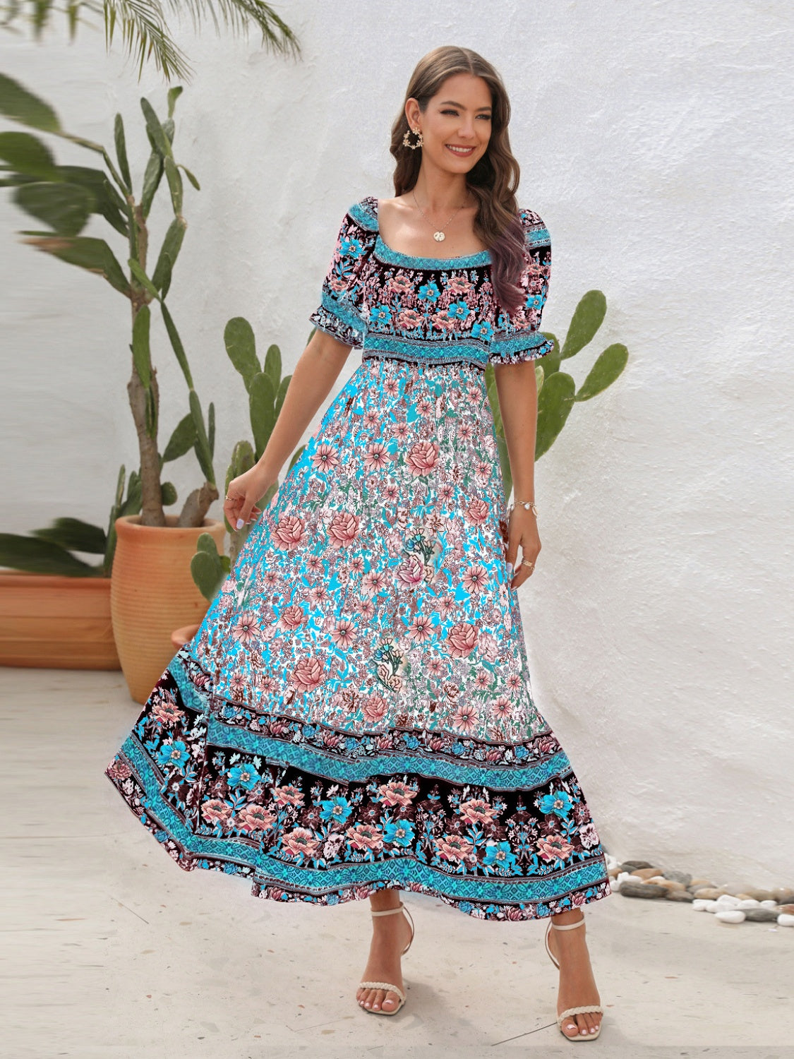Floral Flounce Sleeve Midi Dress, blue front