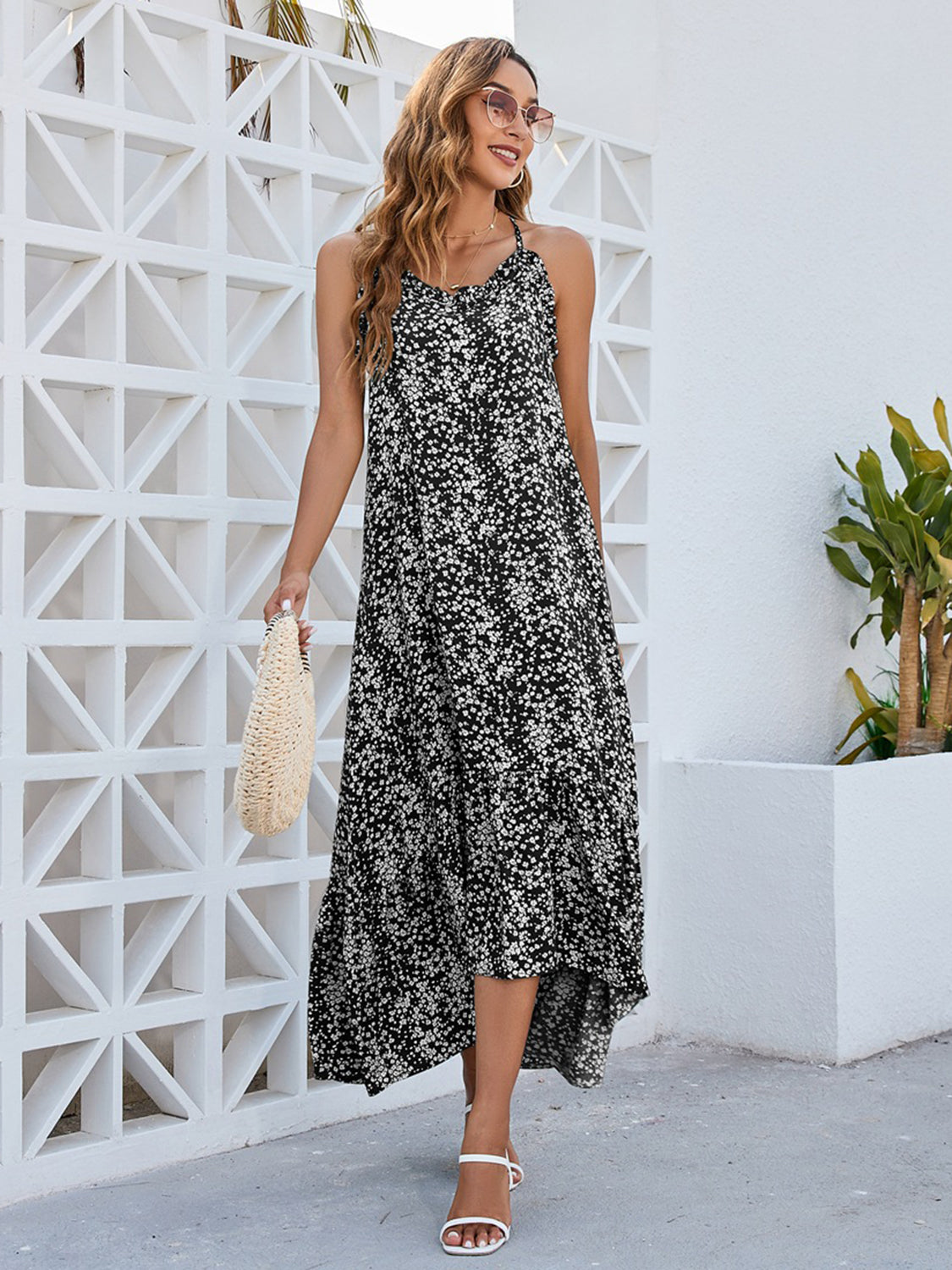 Ditsy Floral Scoop Neck Midi Cami Dress, black
