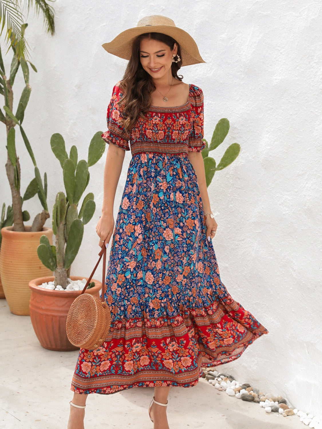 Floral Flounce Sleeve Midi Dress, red