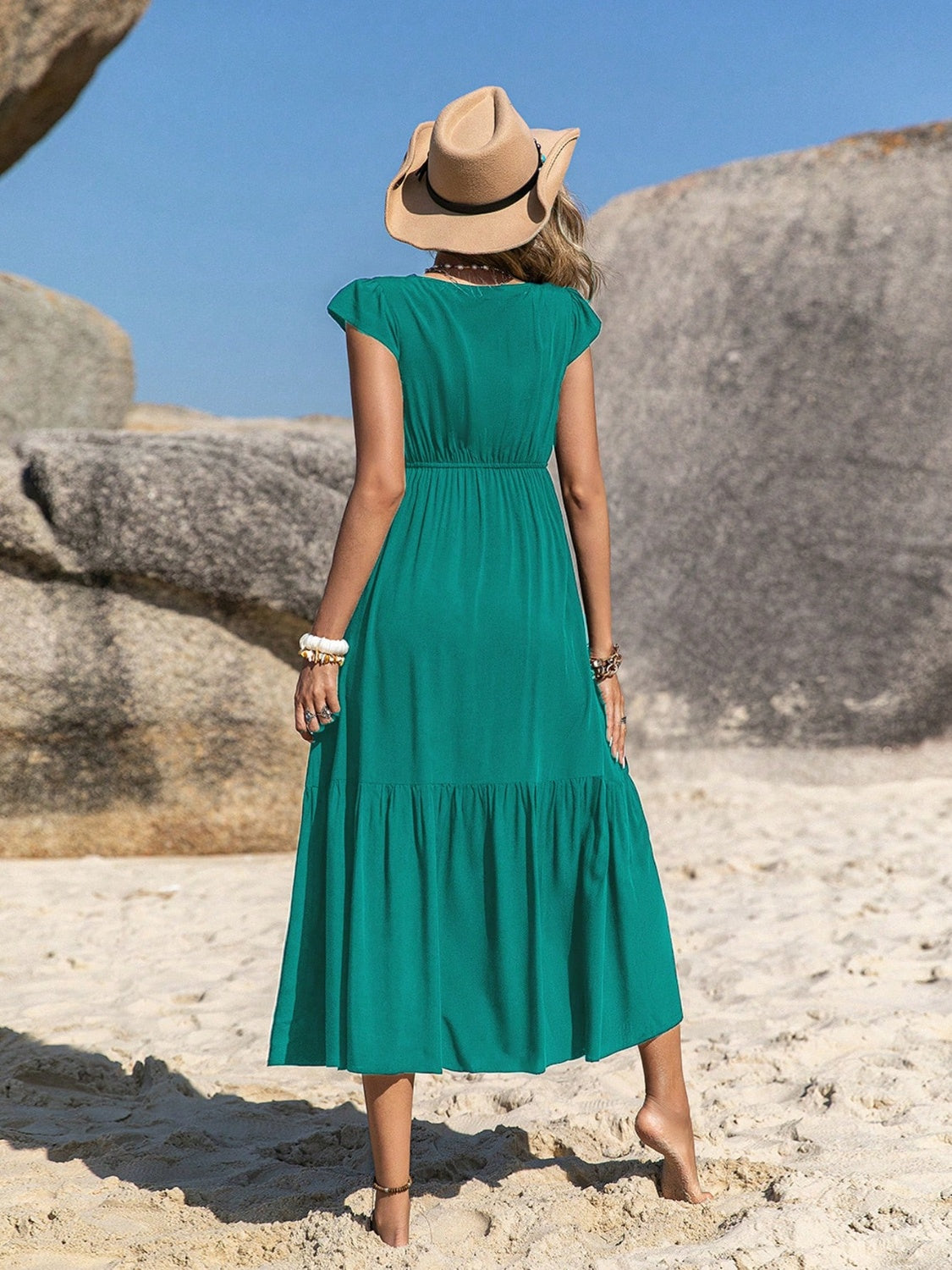 Embroidered Square Neck Cap Sleeve Dress, back