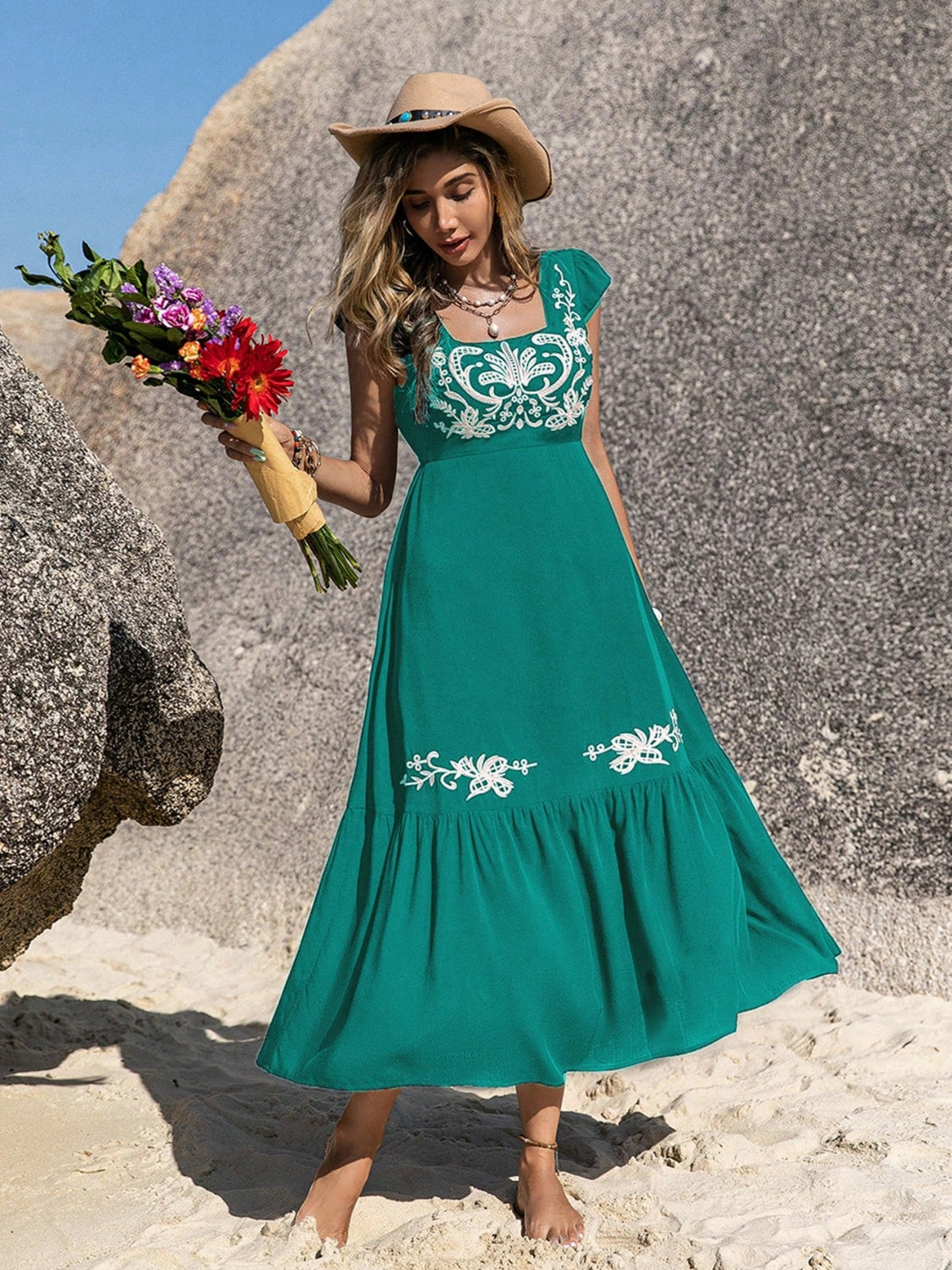 Embroidered Square Neck Cap Sleeve Dress, flower