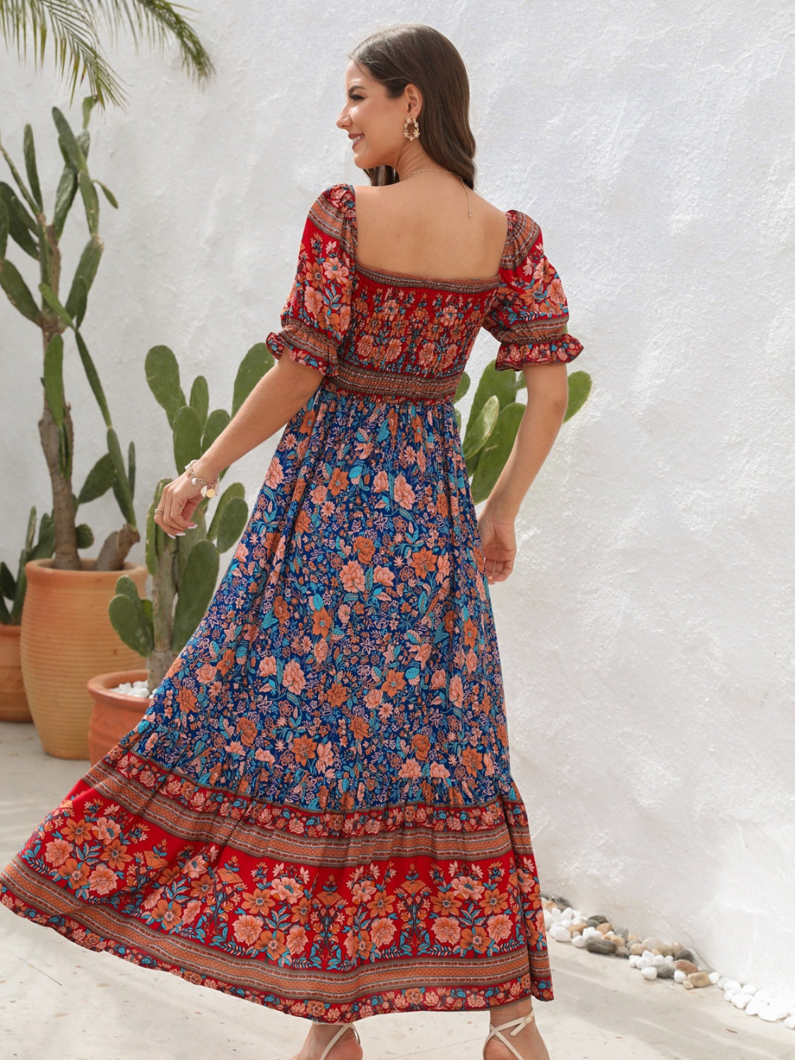 Floral Flounce Sleeve Midi Dress, red back