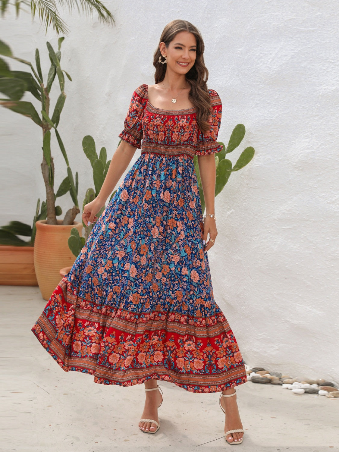 Floral Flounce Sleeve Midi Dress, red standing