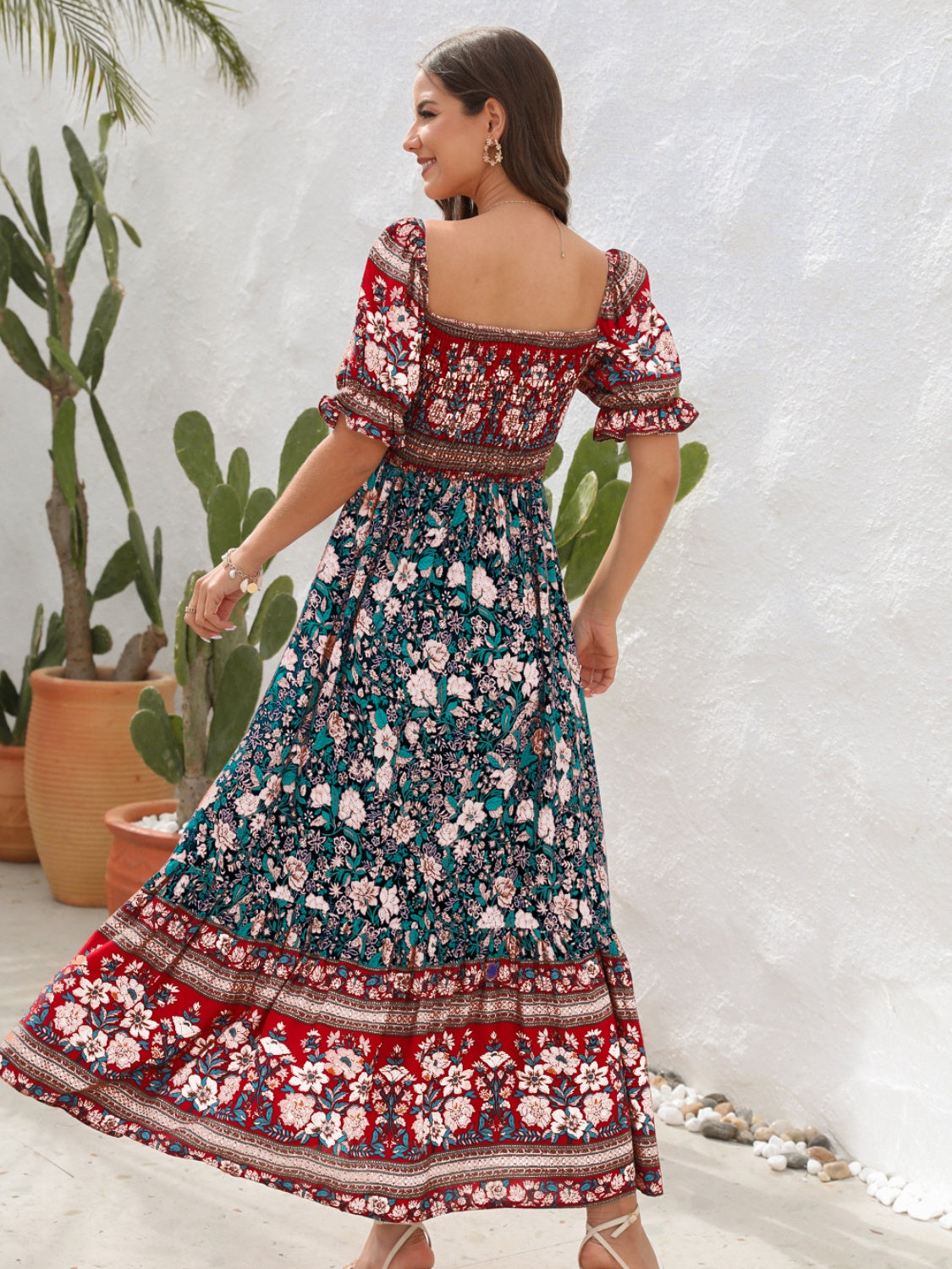 Floral Flounce Sleeve Midi Dress, mid back