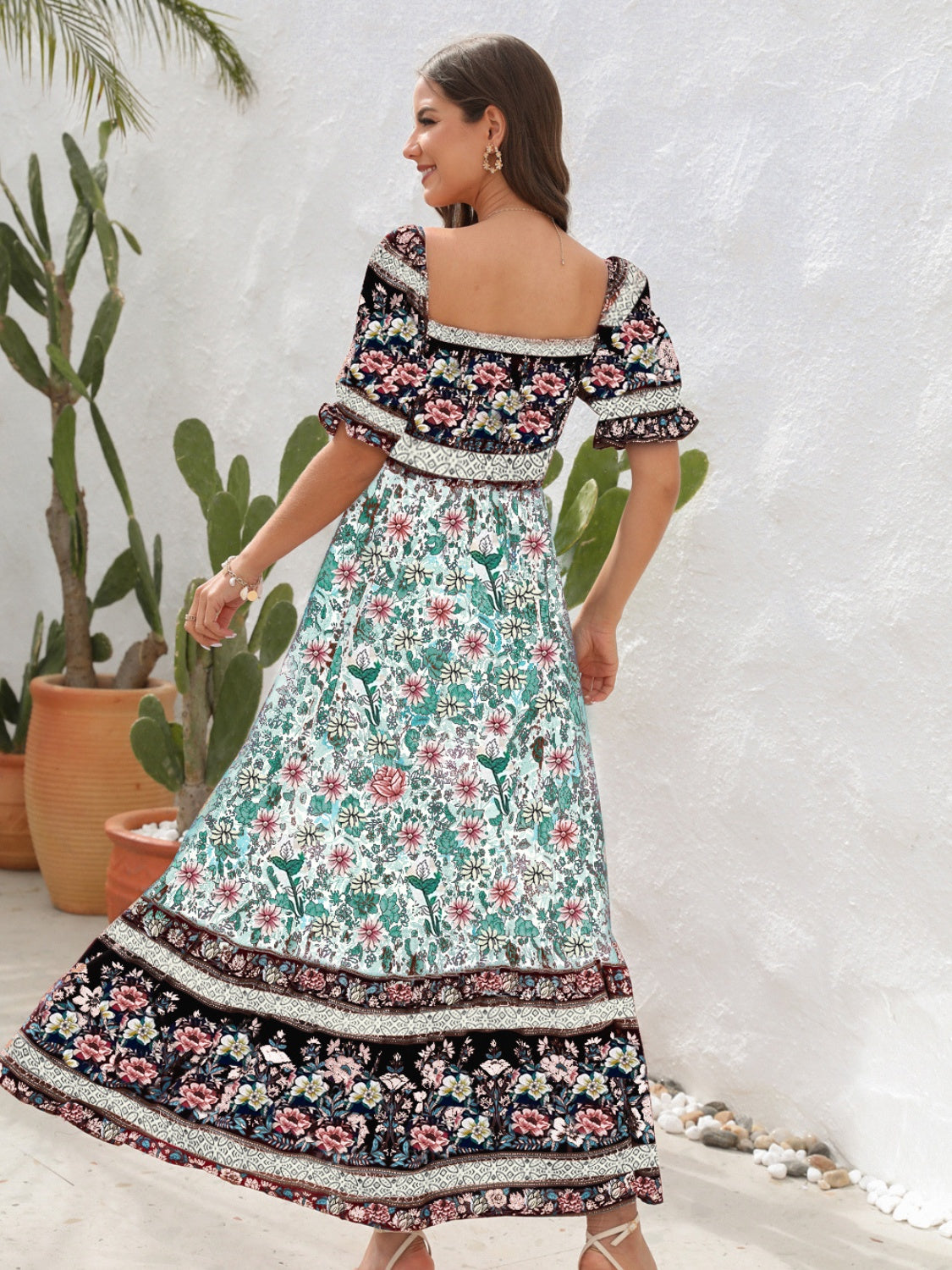 Floral Flounce Sleeve Midi Dress, green back