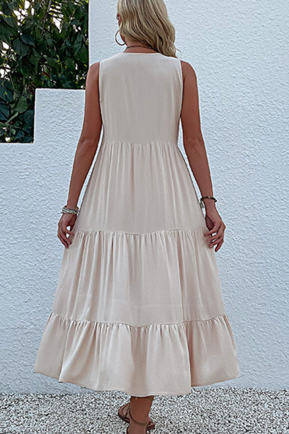 Decorative Button Sleeveless Tiered Dress, back