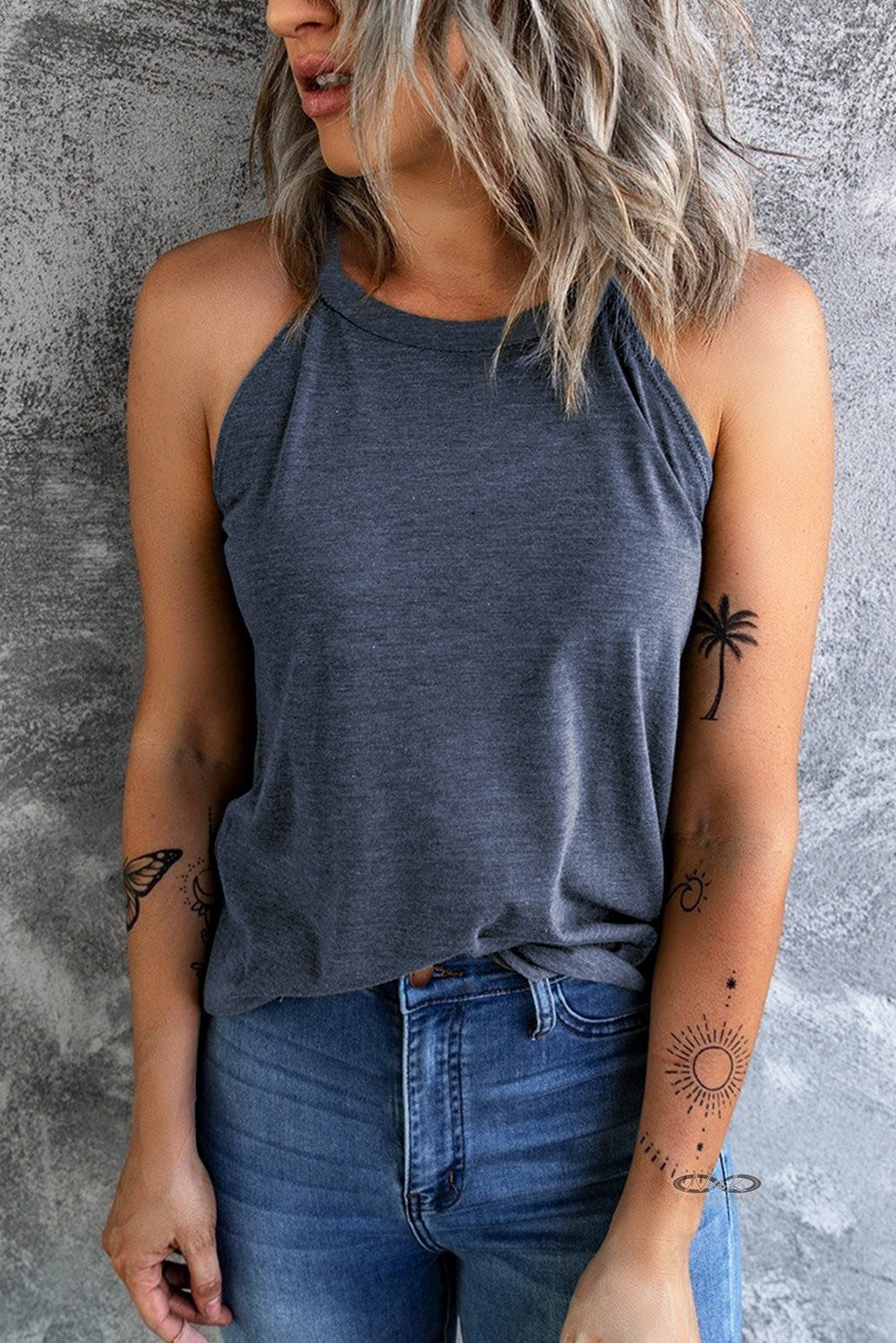 Curved Hem Grecian Tank Top,navy