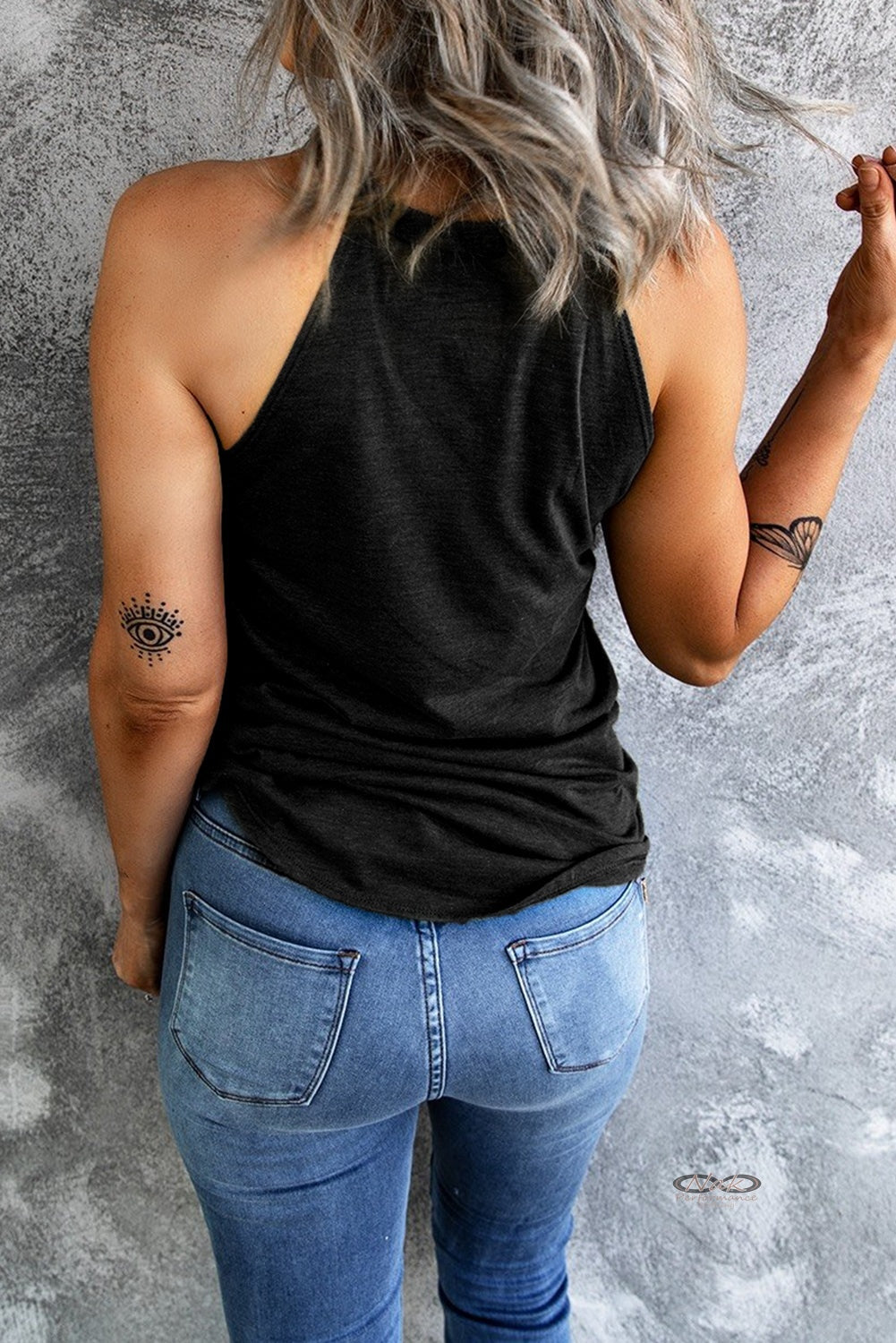 Curved Hem Grecian Tank Top, black rear