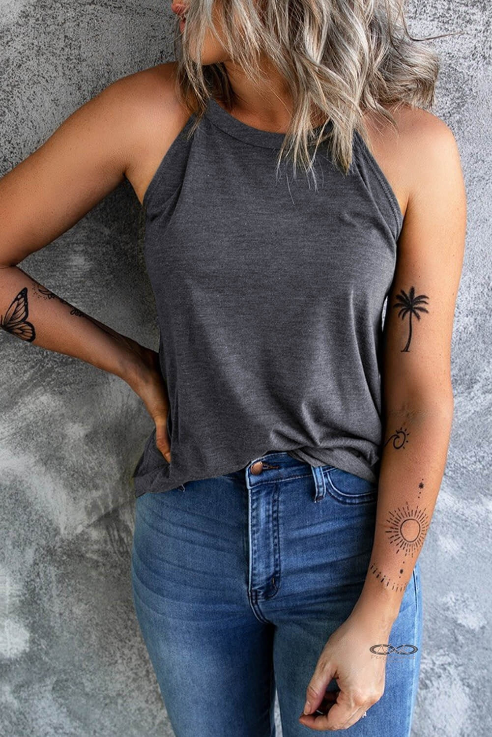 Curved Hem Grecian Tank Top, gray