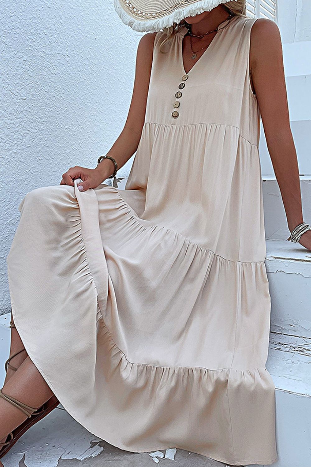 Decorative Button Sleeveless Tiered Dress, front