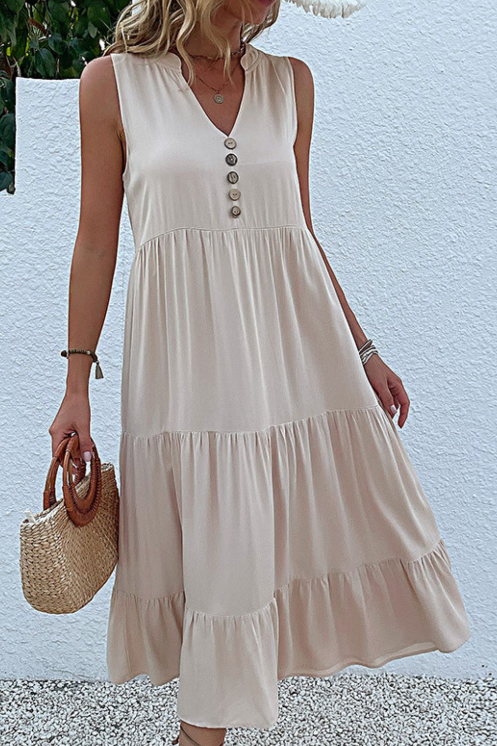 Decorative Button Sleeveless Tiered Dress, close