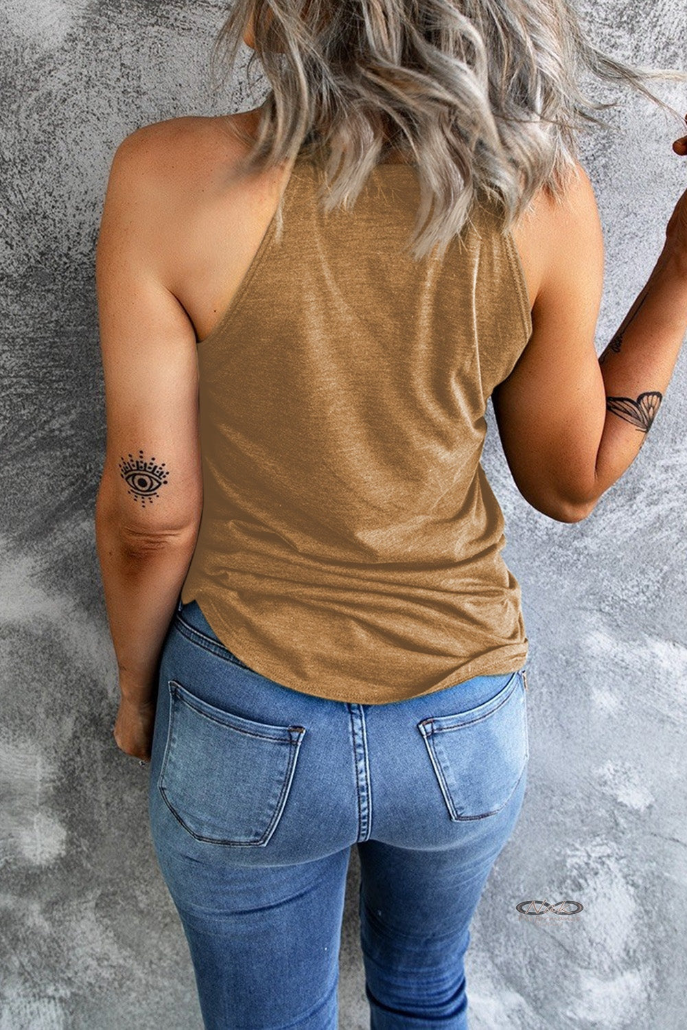 Curved Hem Grecian Tank Top, gold rear