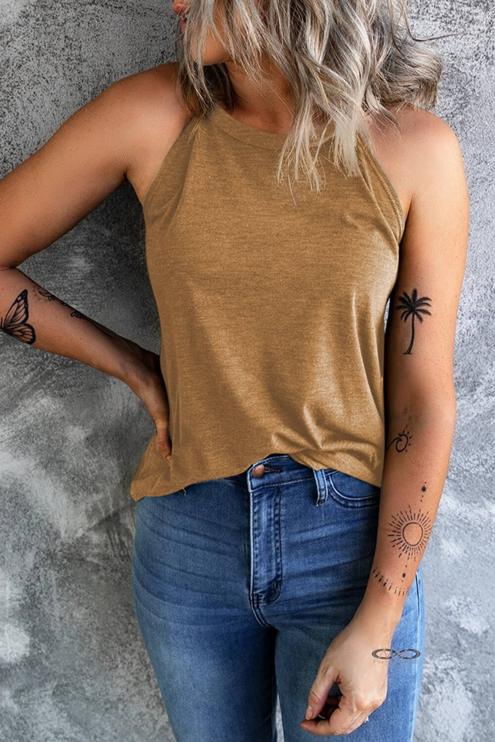 Curved Hem Grecian Tank Top, biege