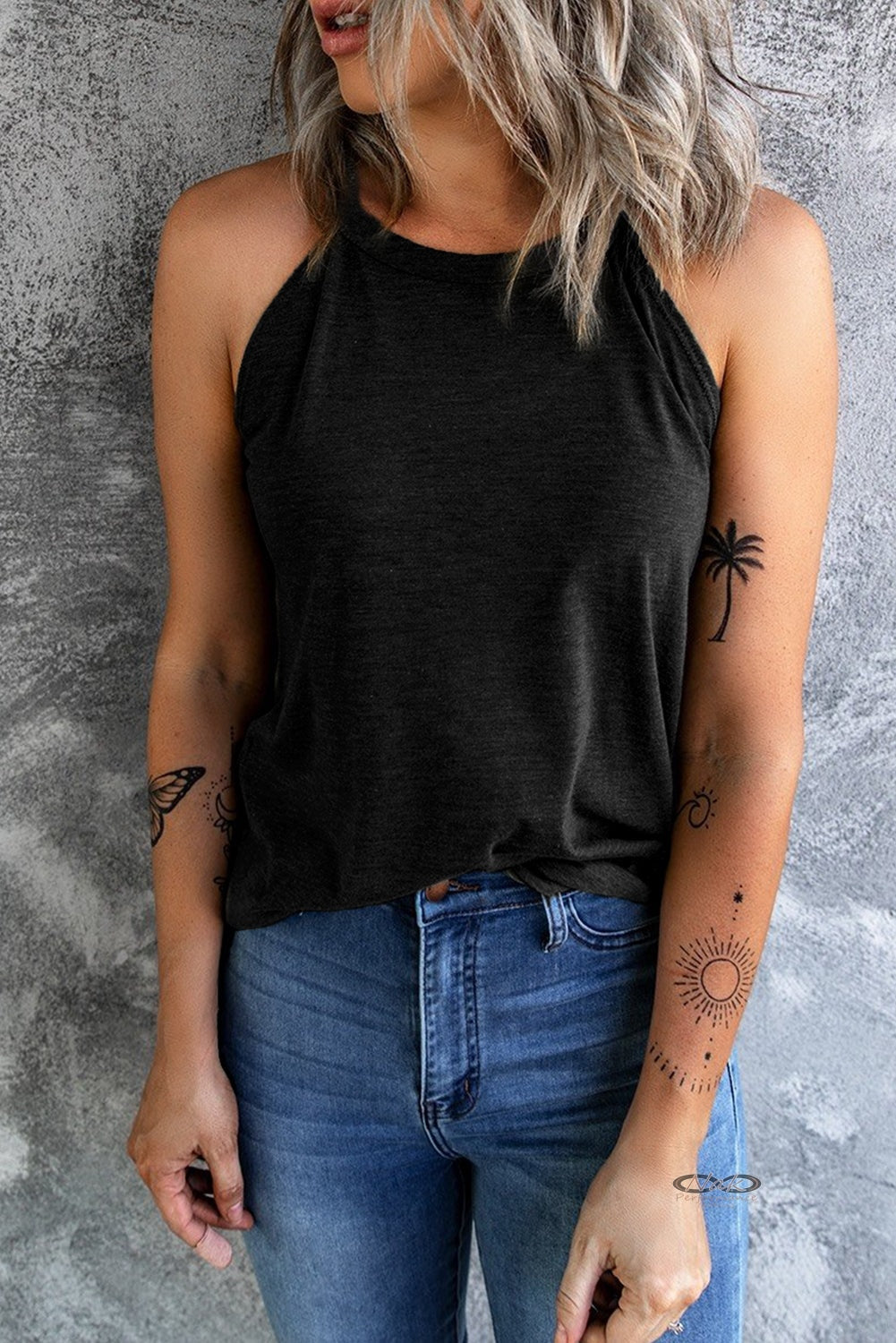 Curved Hem Grecian Tank Top, black