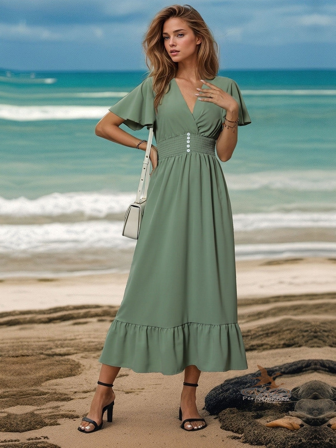 Surplice Flutter Sleeve Midi Dress