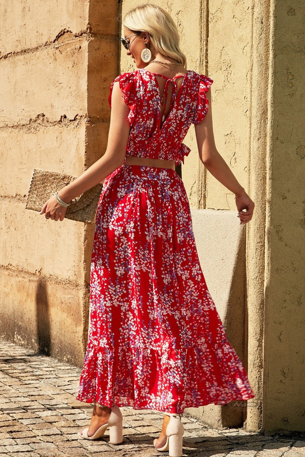 Printed Tie Back Cropped Top and Maxi Skirt Set