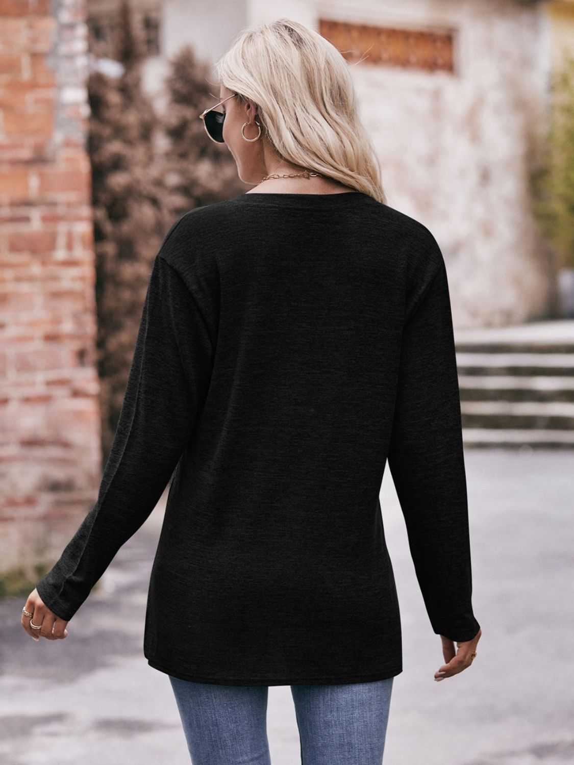 Buttoned Notched Neck Long Sleeve Top