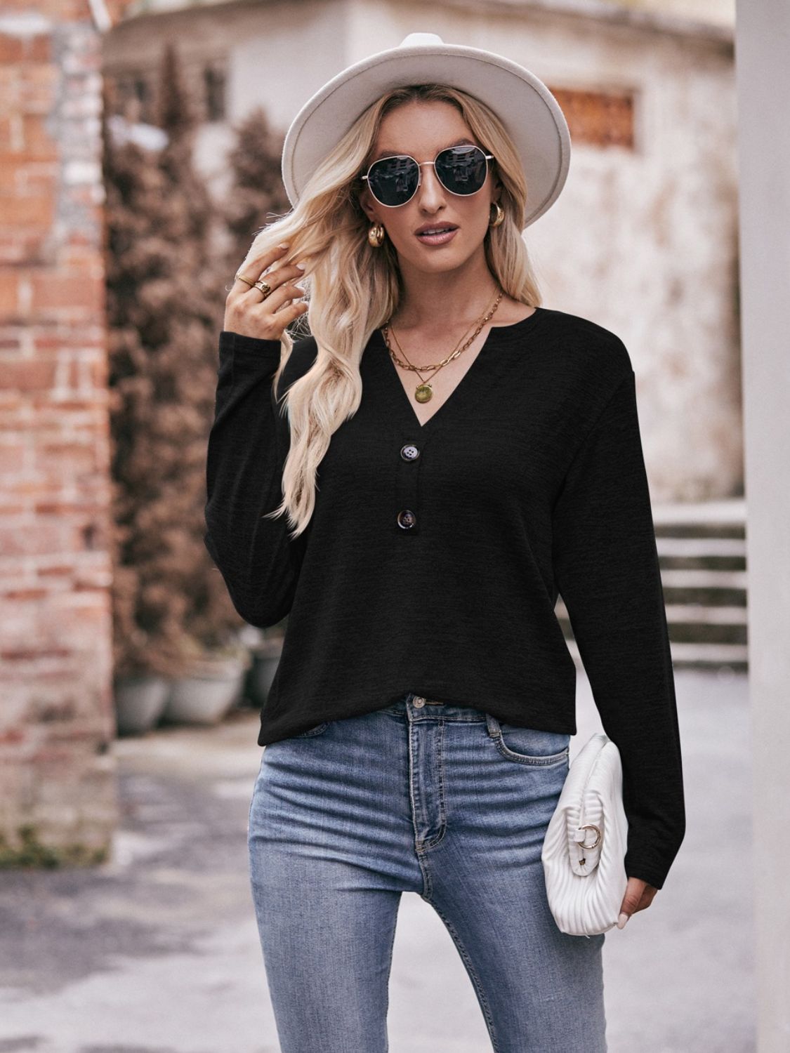 Buttoned Notched Neck Long Sleeve Top